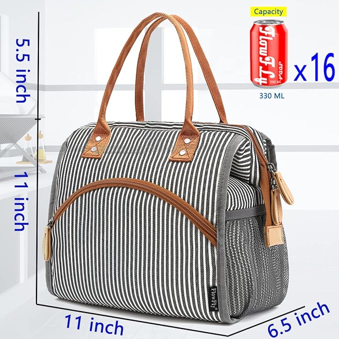 FlowFly Insulated Lunch Bag Wide-Open Lunch Box Large Tote Leakproof Cooler with Drink Holder and Multi Pockets for Women Men Adult Kids Work Picnic Travel Beach Hiking, White Black Stripes