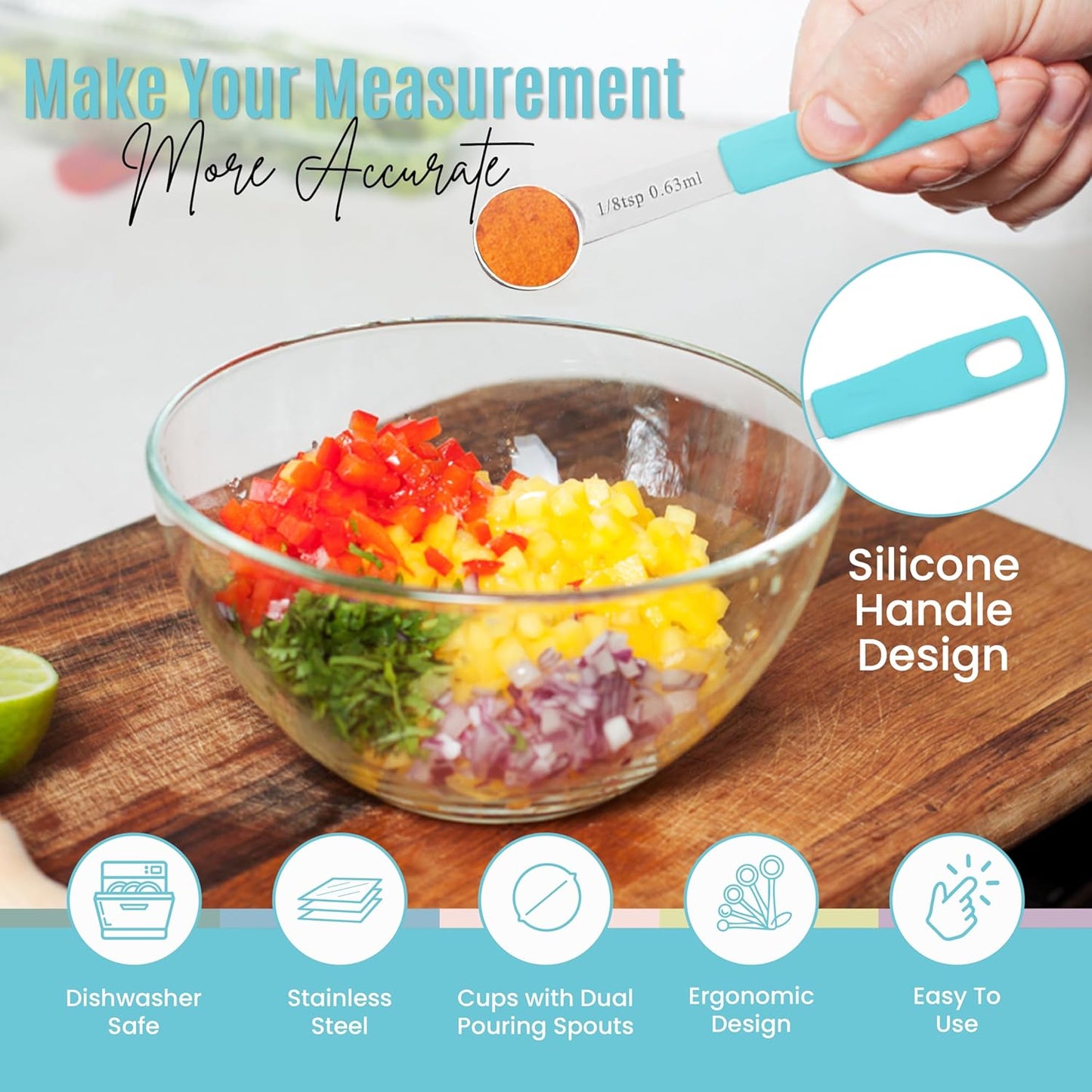 Nextop 14-Piece Stainless Steel Measuring Cups and Measuring Spoons Set with All Stackable Sizes and Leveler for Dry Ingredients, Complete Set for Kitchen & Baking Measuring Tools (Aqua Sky Blue Set)