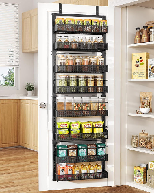 SNTD Over the Door Pantry Organizer - 8 Tier Adjustable Pantry Door Spice Organizer, Large Capacity Hanging Door Spice Rack for Kitchen Pantry Organizers and Storage (Black, 17" W x 6" D x 69" H)