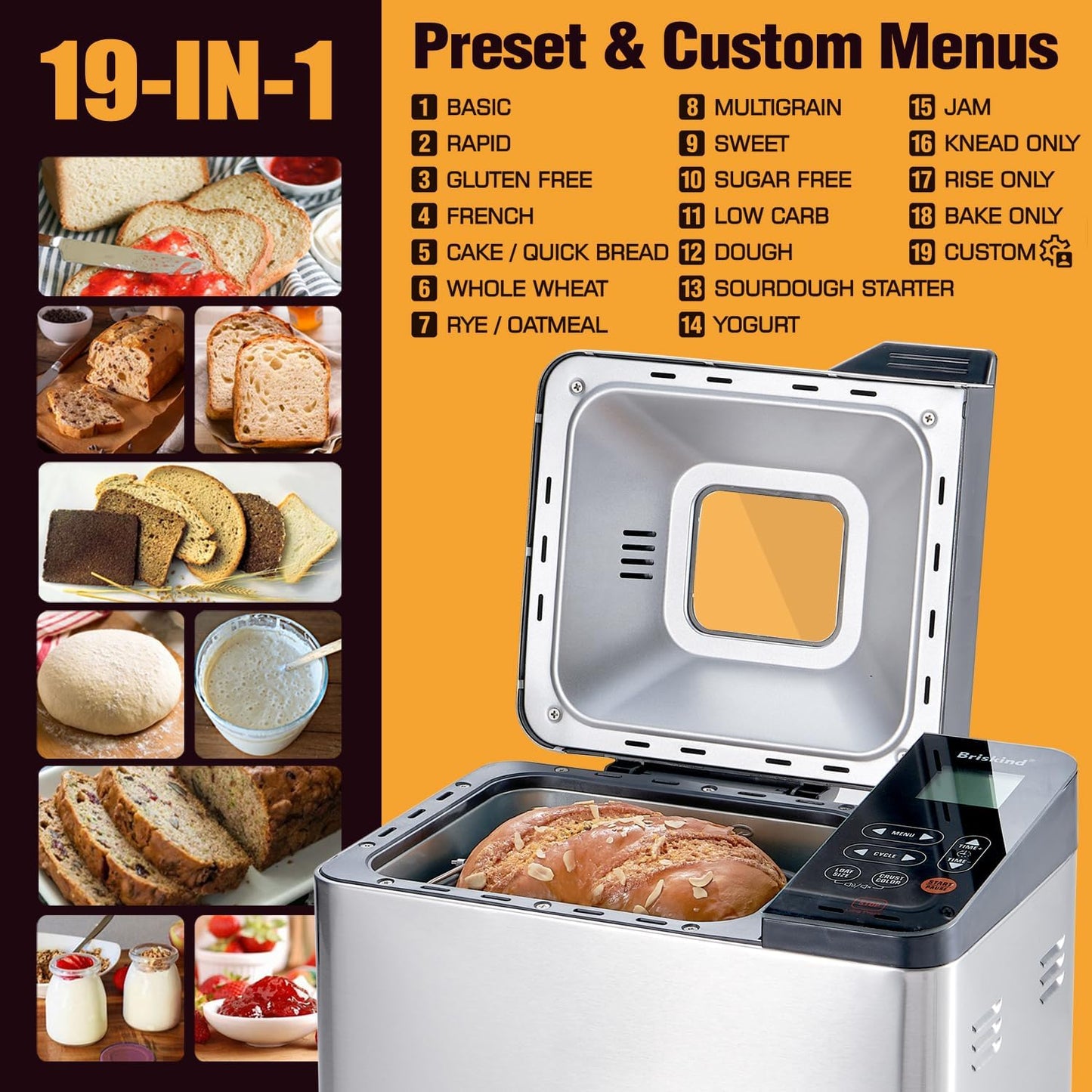 Bread Maker Machine with Ceramic Nonstick Pan, 19 Menus, 2 Pound Stainless Steel Breadmaker with Glass Touch Panel, Gluten Free, Sourdough Starter, Custom Setting, 3 Loaf Sizes & Crust Colors