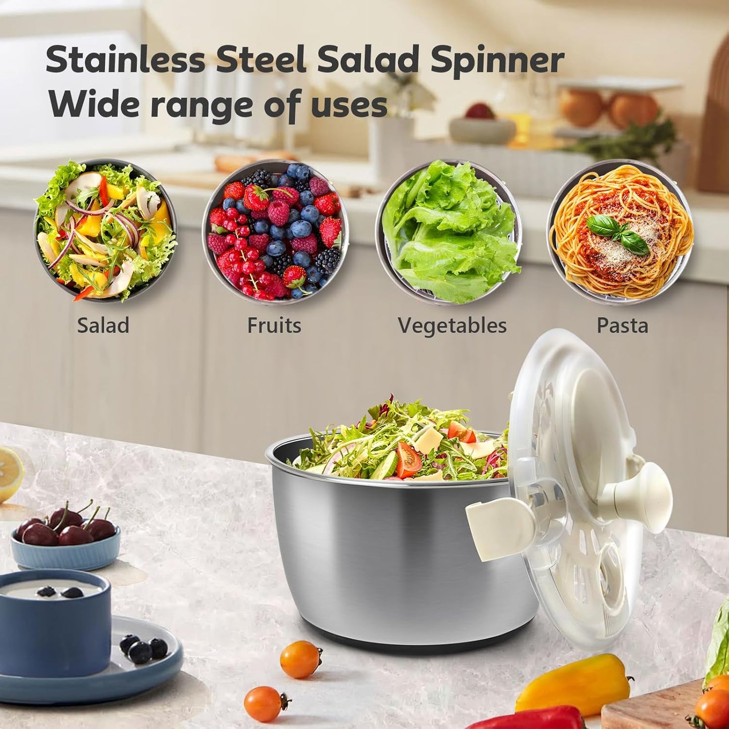 Salad Spinner Stainless Steel，Manual lettuce dryer With lid, basin, drain frame and non-slip base,lettuce spinner with Quick Spin,Spaghetti & Chip Strainer BPA Free,Easy Clean,5qt
