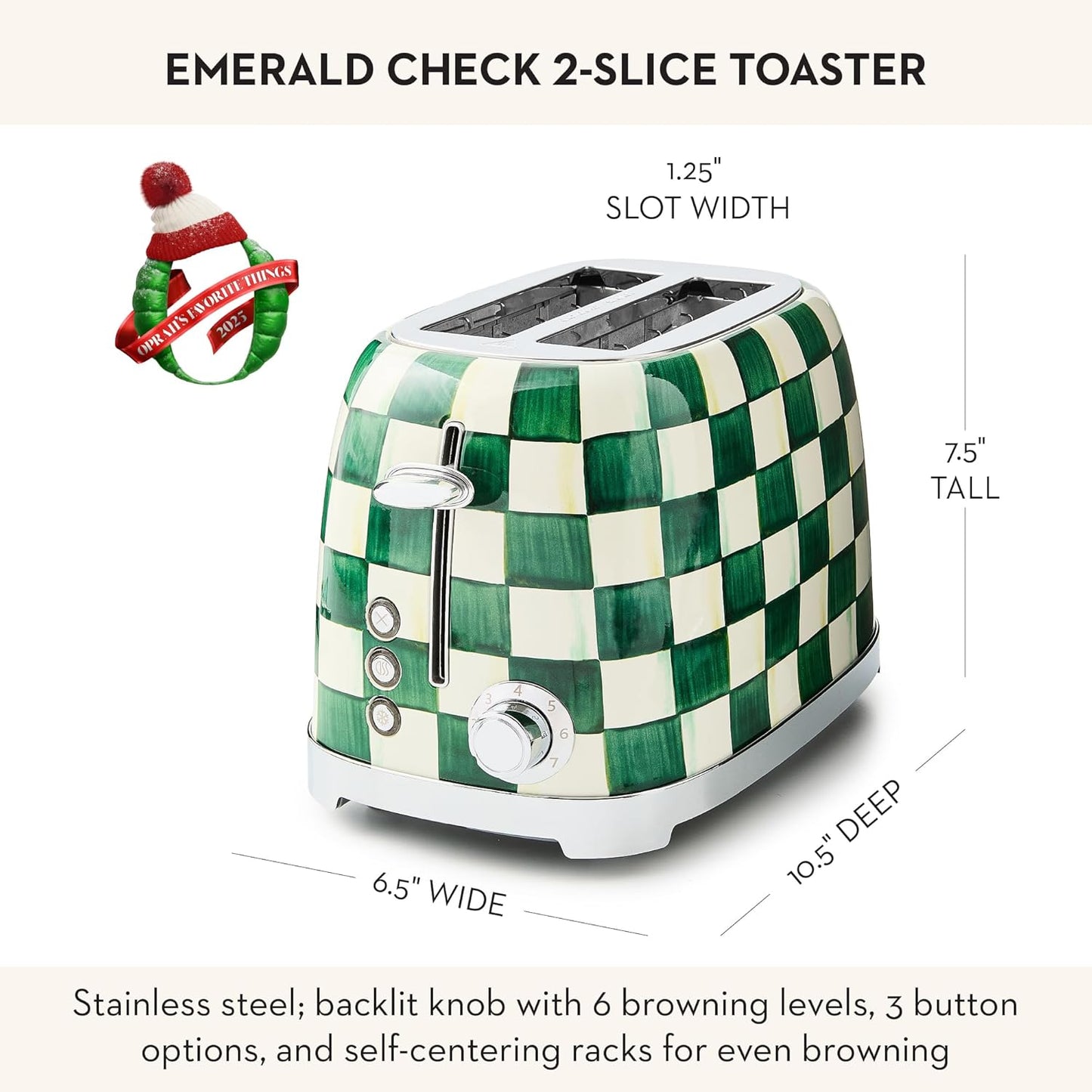 MACKENZIE-CHILDS 2-Slice Toaster, Decorative Toaster for Kitchen, Green-and-White Emerald Check