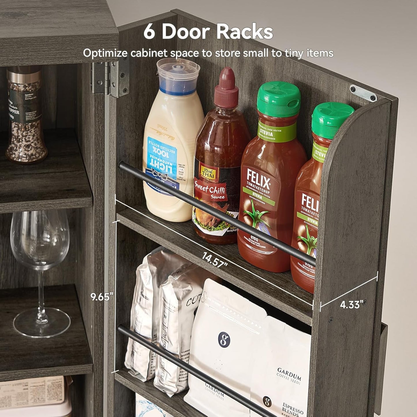 ONBRILL 71" Tall Kitchen Pantry Cabinet, Pantry Storage Cabinet with 6 Door Shelves, Hidden Drawer and Adjustable Shelf, Freestanding Rustic Wood Pantry for Kitchen, Dining Room (Black Smoky)