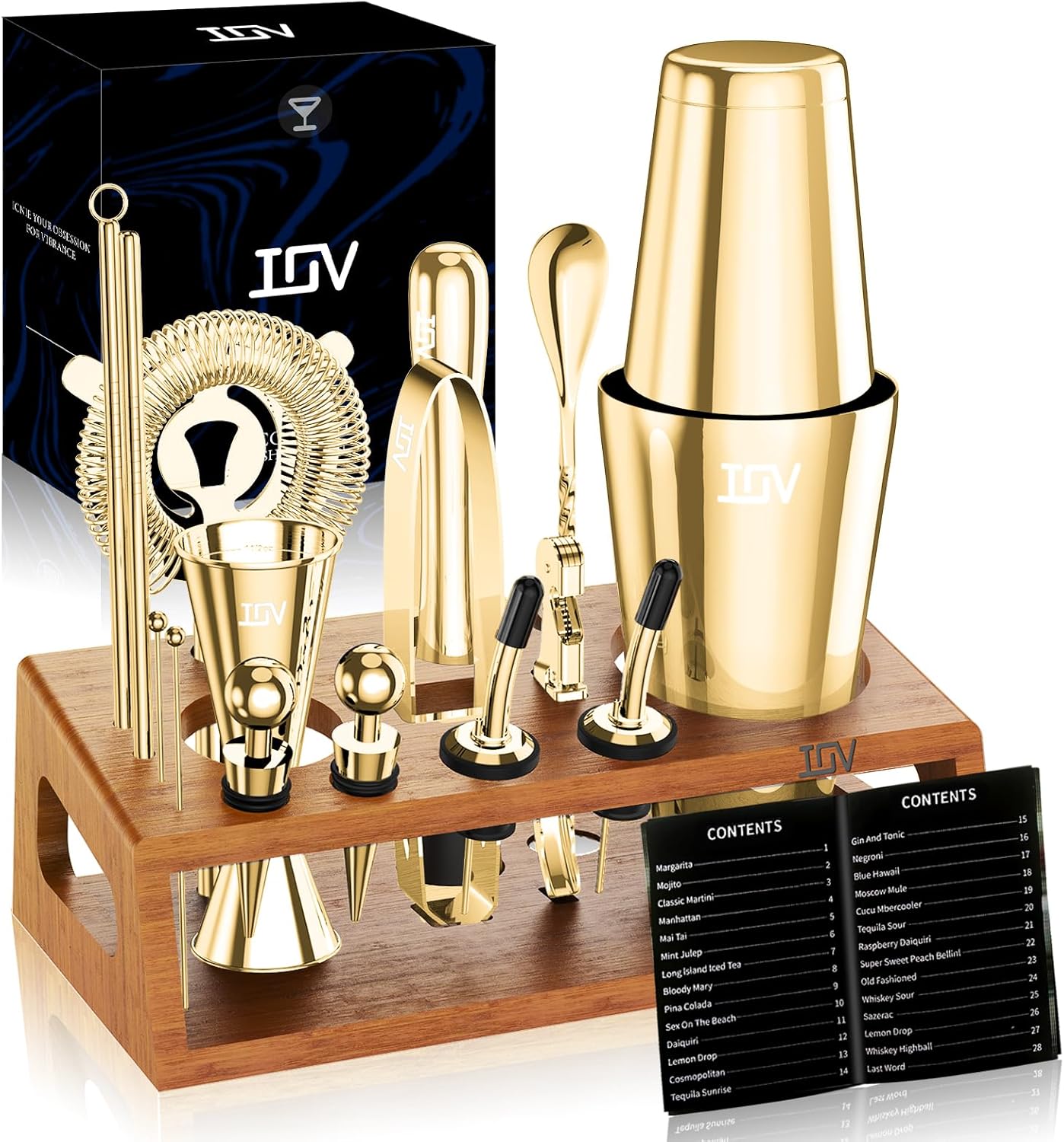 IOV Mixology Bartender Kit Bar Set with Stand | 17-Piece Cocktail Shaker Set | 28oz Boston Shaker Drink Mixer Set with All Essential Accessory Tools | Fun Housewarming Gift (Gold)