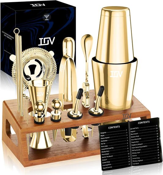 IOV Mixology Bartender Kit Bar Set with Stand | 17-Piece Cocktail Shaker Set | 28oz Boston Shaker Drink Mixer Set with All Essential Accessory Tools | Fun Housewarming Gift (Gold)