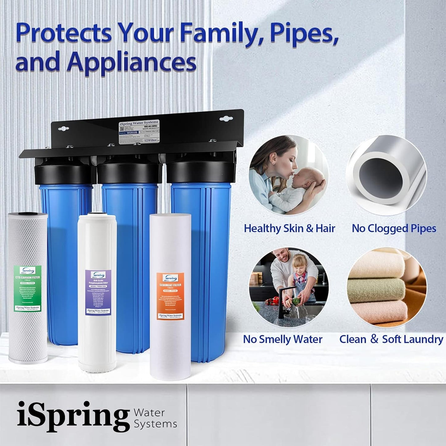 iSpring Anti-Scale Whole House Water Filter System w/Sediment, Polyphosphate, and Carbon Block Water Filters, 3-Stage Water Descaler and Water Filter, Model: WGB32B-DS