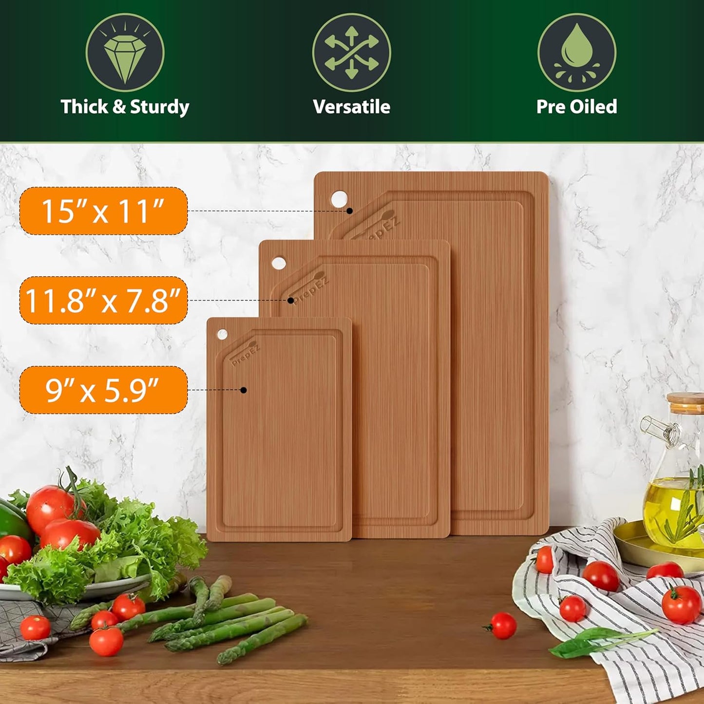 Heavy-Duty Cutting Boards for Kitchen – (Pack of 3) Wood Cutting Board Set – Bamboo Cutting Board Set with Deep Juice Grooves – Ideal for Chopping Meat, Vegetables & Fruits etc.