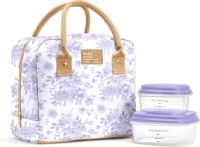 Fit & Fresh Bloomington Lunch Bag for Women - Insulated Large Lunch Box for Work with Containers, Leak-Resistant, Stain-Resistant, Zipper Closure, Lavender Toile