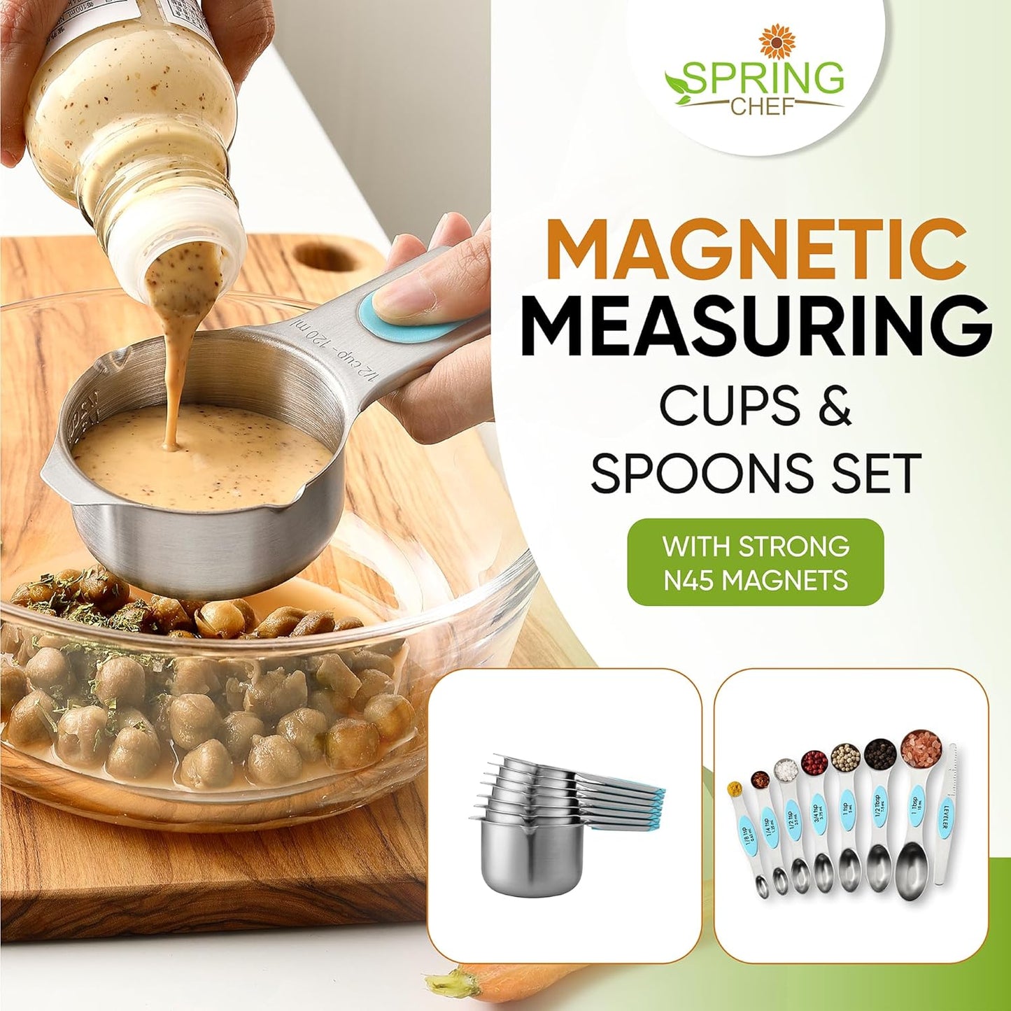 Spring Chef Magnetic Measuring Cups & Spoons Set, Patented, Strong Magnets, Heavy Duty Stainless Steel Fits in Spice Jars for Baking & Cooking, BPA Free, Round Set of 15 with Leveler, Aqua Sky