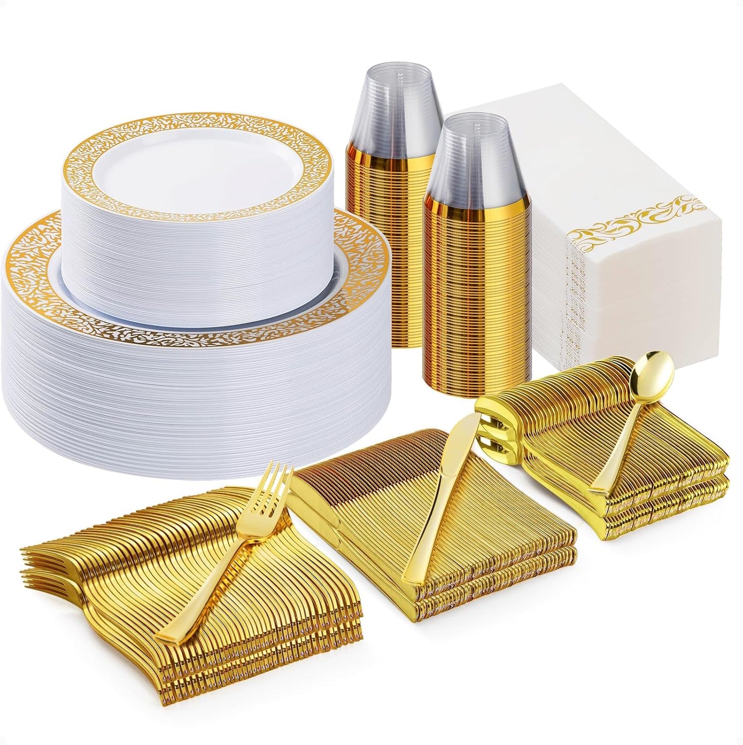 350PCS Gold Plastic Dinnerware Set for 50 Guests, Disposable Plates for Party, Wedding and Dinner, Include 50 Dinner Plates, 50 Dessert Plates, 50 Set Silverware, 50 Cups, 50 Napkins