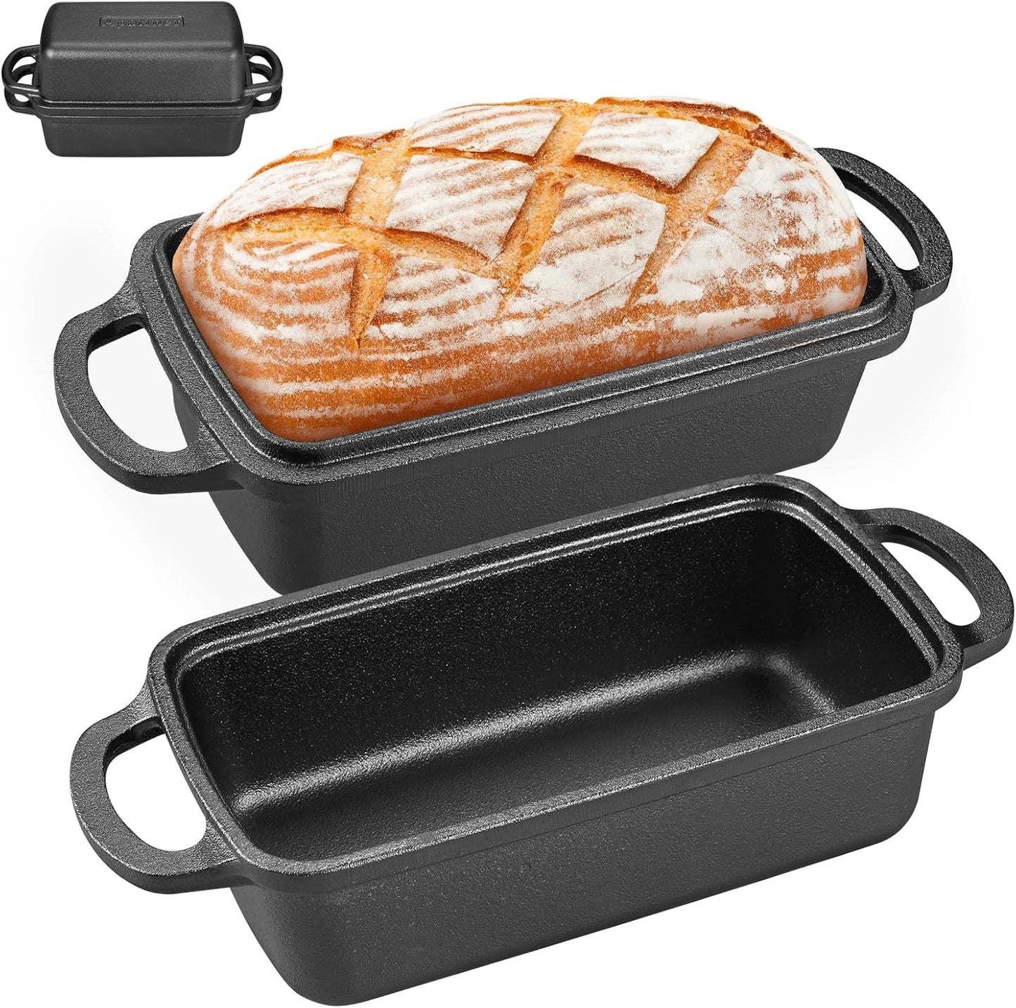 2 in 1 Cast Iron Bread Pan with Lid, Durable Loaf Pans for Baking Homemade Sourdough and Meatloaf, Bread Oven Cast Iron Cookware, Bread Loaf Pan, Sourdough Baking Pan
