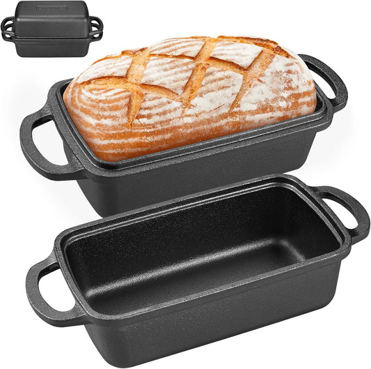 2 in 1 Cast Iron Bread Pan with Lid, Durable Loaf Pans for Baking Homemade Sourdough and Meatloaf, Bread Oven Cast Iron Cookware, Bread Loaf Pan, Sourdough Baking Pan