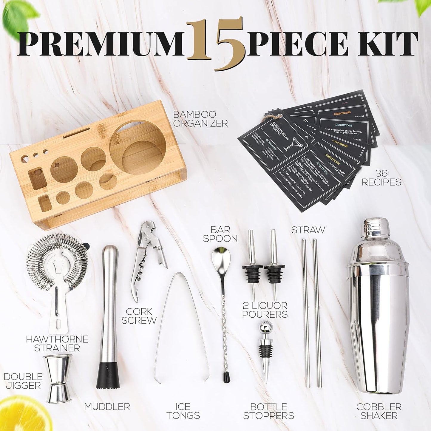 Mixology Bartender Kit with Stand - 15 Piece Bar Tool Set, Silver Bar Set Cocktail Shaker Set for Drink Mixing - Includes Martini Shaker, Jigger, Strainer, Bar Mixer Spoon, Tongs | Gift Idea (Natural)