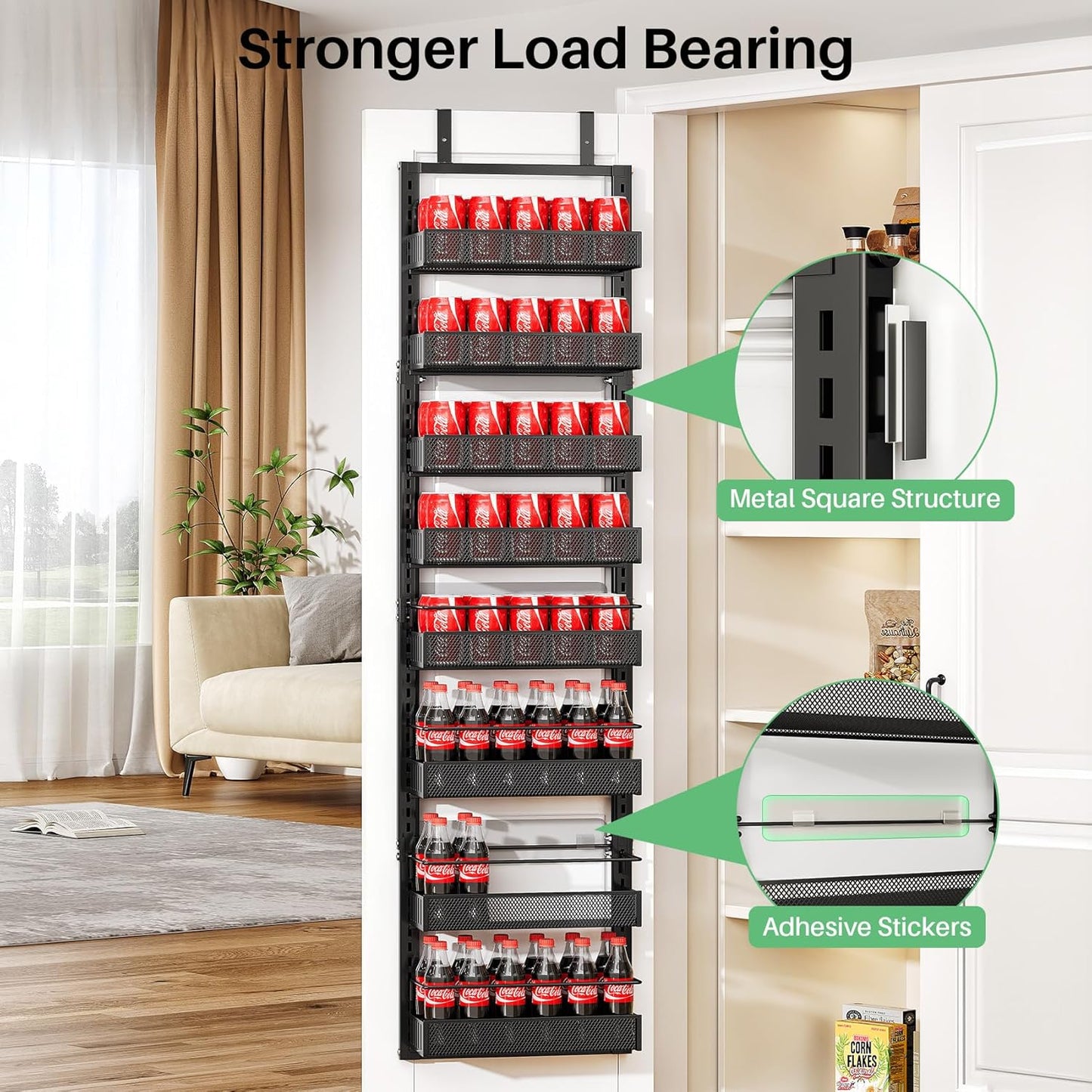 SNTD Over the Door Pantry Organizer - 8 Tier Adjustable Pantry Door Spice Organizer, Large Capacity Hanging Door Spice Rack for Kitchen Pantry Organizers and Storage (Black, 12.3" W x 4.7" D x 69" H)