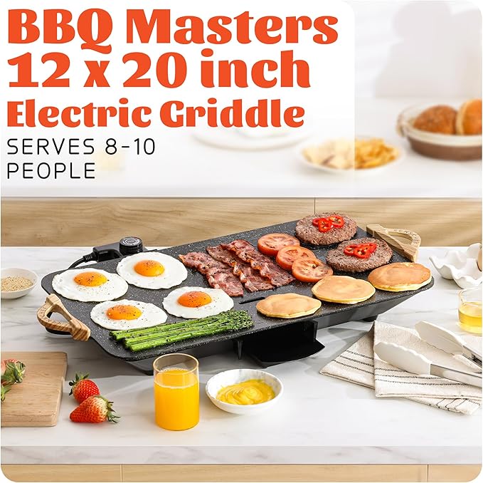 CookSimple Everyday 20"x12" Electric Griddle–1700W Nonstick ILAG Granite Surface, Large Sloped Design, Perfect for Family Meals, Pancakes&Eggs, Fast Even Heating, Easy to Clean, Granite Black