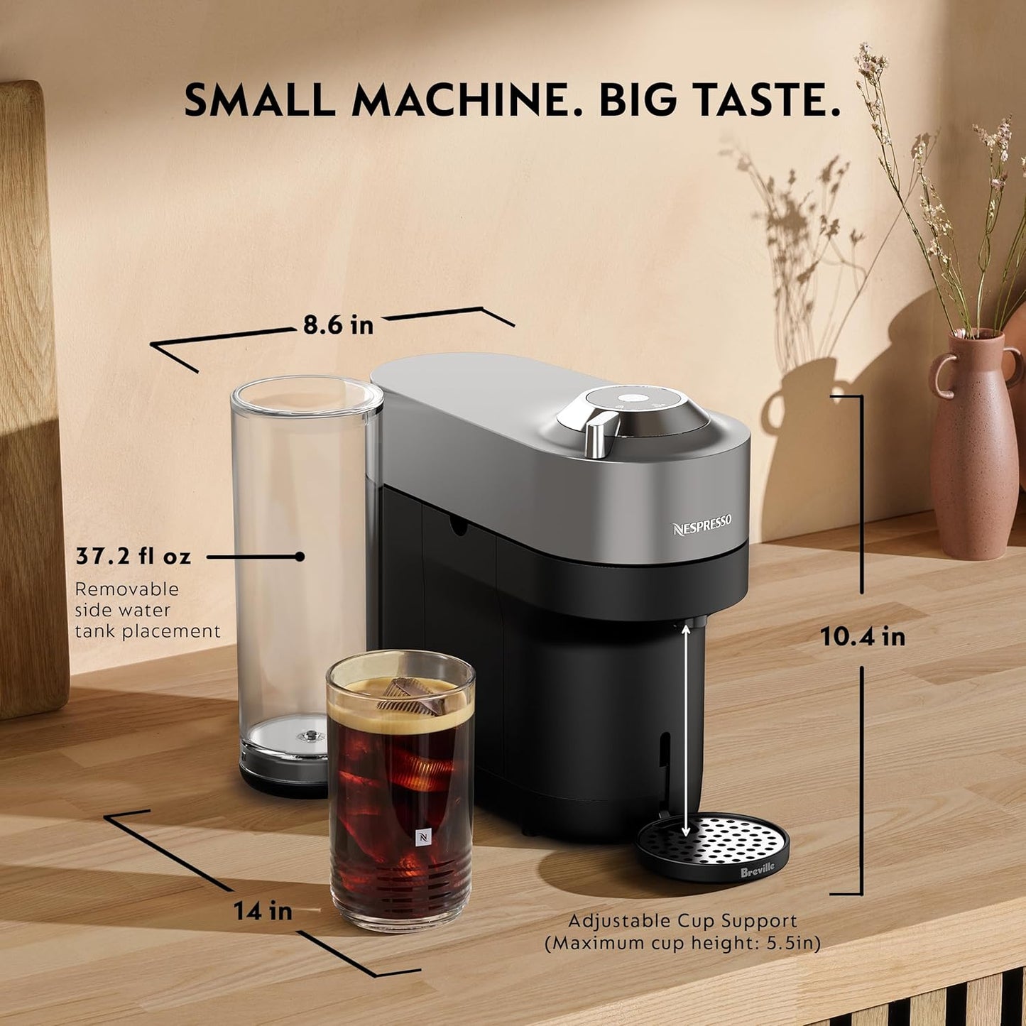 Nespresso Vertuo Pop+ Deluxe Coffee and Espresso Maker by Breville with Milk Frother, 1500 watts, Titan