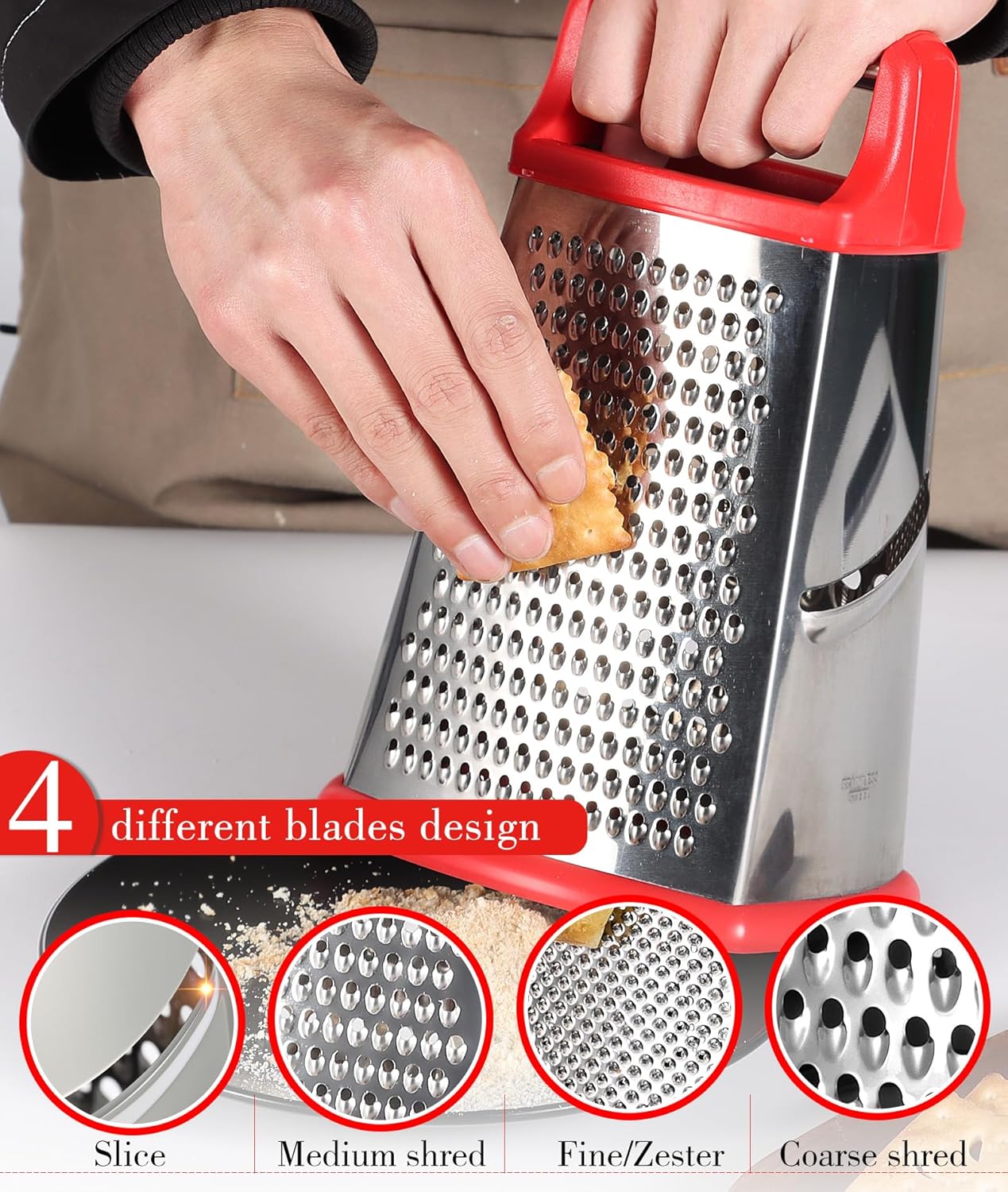 Ourokhome Cheese Grater with Handle, Stainless Steel Box Grater, 4 Side Kitchen Vegetable Shredder Slicer Zester with Container for Parmesan, Cabbage, Ginger, Lemon, Chocolate, Coconut (Red)