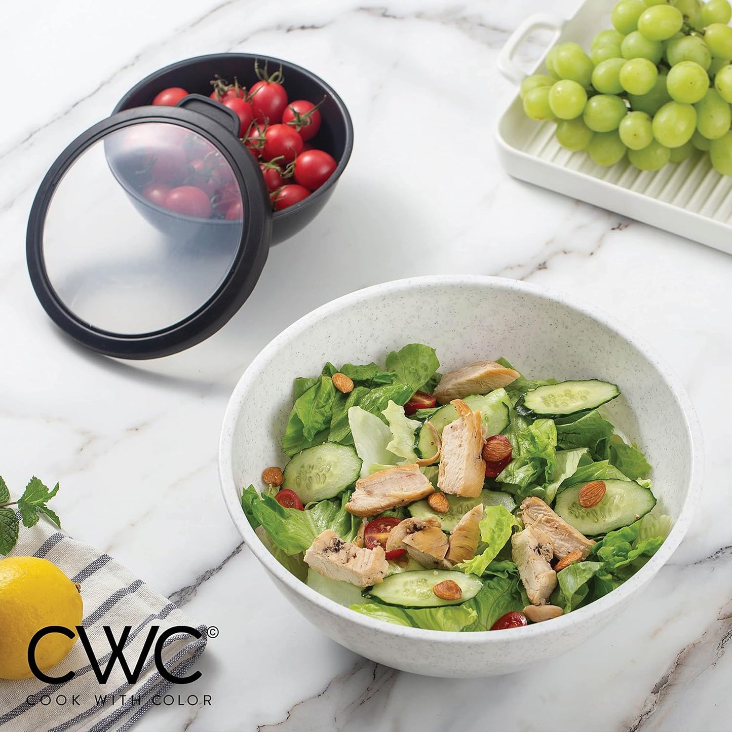 COOK WITH COLOR Mixing Bowls with TPR Lids - 12 Piece Plastic Nesting Bowls Set includes 6 Prep Bowls and 6 Lids, Microwave Safe Mixing Bowl Set (Black and White)