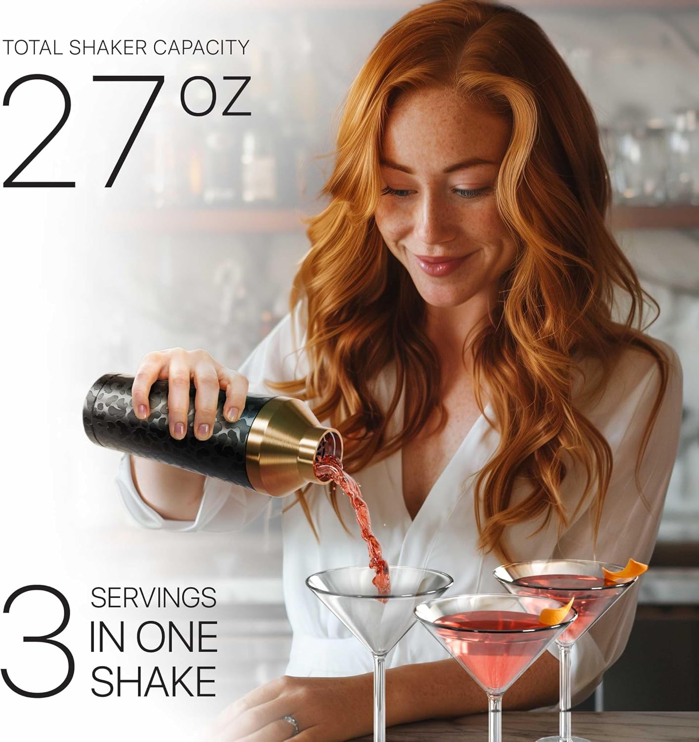 Insulated Cocktail Shaker Set | Double Wall Stainless Steel | Martini Shaker for Home Bar Bartending | Built-in Drink Measurement System & Strainer, Travel Bag, 35 Recipes | Gift Set (Leopard Copper)