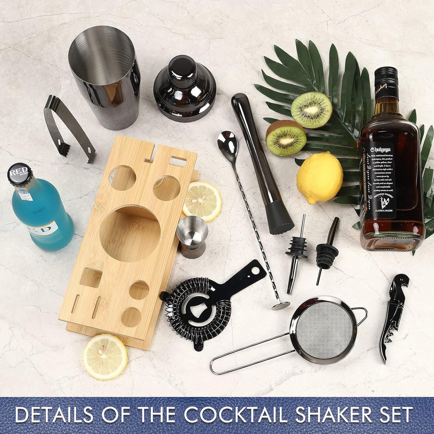 11Pcs-Cocktail Shaker Set Black Bartending Kit 25oz Cocktail Bar Set Cocktail Mix Drink Making Kit Professional Bar and Home Drink Bar Tools for Bartender（Gun-Metal Black）