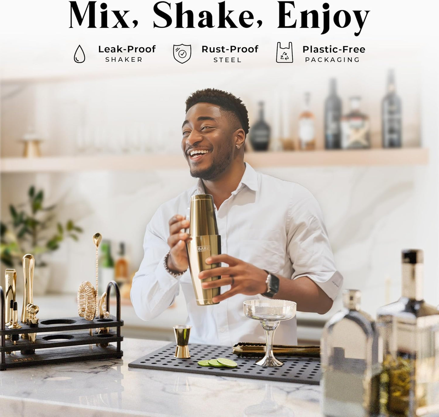 BARE BARREL® Mixology Bartender Kit Bar Set | 14-Piece Cocktail Shaker Set | Martini Barware Mixing Tools for Home Bartending | 35 Recipe Cards | Gift Set (28oz Boston Shaker, Gold/Black)