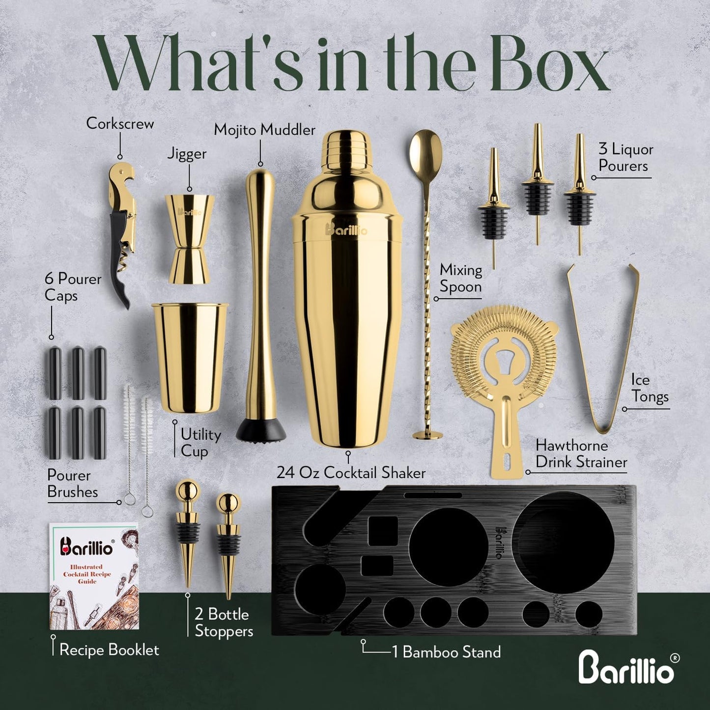 Barillio Gold Bartender Kit - Stainless-Steel Cocktail Shaker Set w/Black Bamboo Stand - Mixology Bar Tools w/Drink Shaker, Mixer, and Muddler for Cocktails - Home Bar Accessories - 23-Pc Bar Set