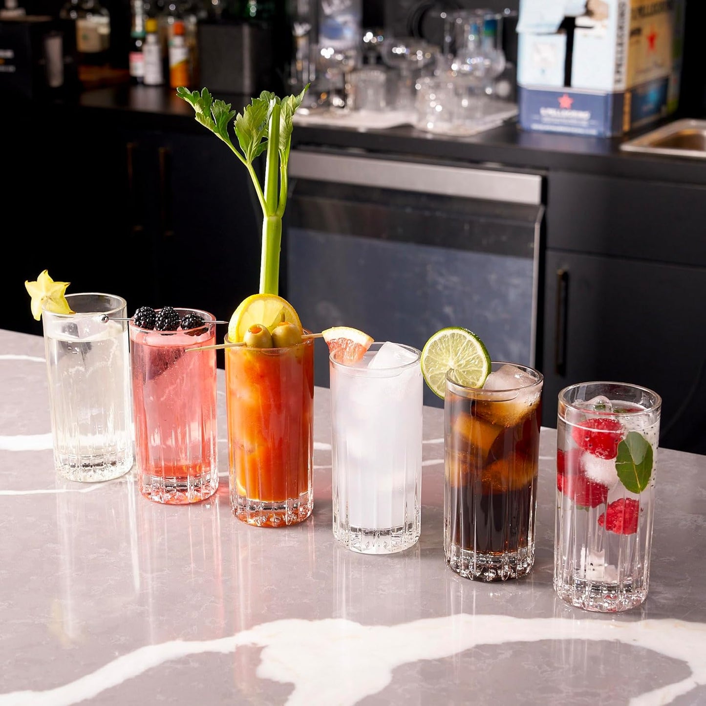 LEMONSODA Premium Crystal Cut Highball Glasses - 11.5oz Set of 6 - Crystal Cut Traze Collins Glass - Elegant Glassware Set - Housewarming Gifts - Drinking Glasses for Water, Cocktails, Juice