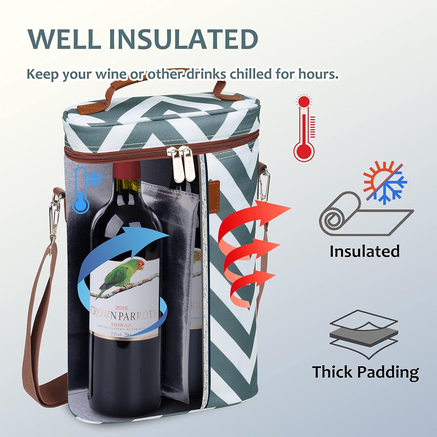 Tirrinia 2 Bottle Wine Gift Tote Carrier - Leakproof & Insulated Padded Versatile Wine Cooler Bag for Travel, BYOB Restaurant, Wine Tasting, Party, Dinner,Gift for Wine Lovers, Grey Wave
