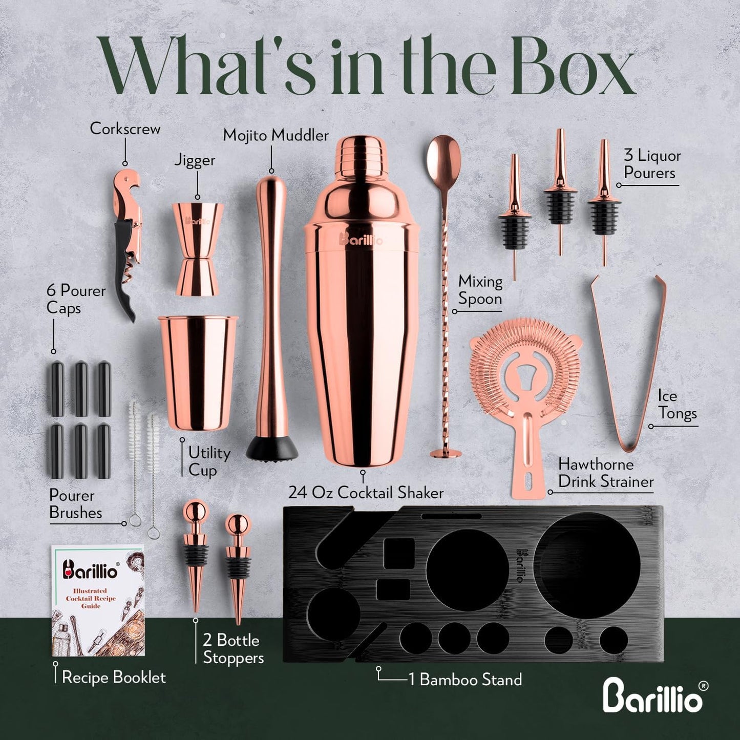 Barillio Rose Gold Bartender Kit - Stainless-Steel Cocktail Shaker Set w/Black Bamboo Stand - Mixology Bar Tools w/Drink Shaker, Mixer, Muddler for Cocktails - Home Bar Accessories - 23-Pc Bar Set