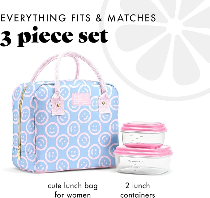 Fit & Fresh Bloomington Lunch Bag for Women - Insulated Large Lunch Box for Work with Containers, Leak-Resistant, Stain-Resistant, Zipper Closure, All Smiles Bubble Gum