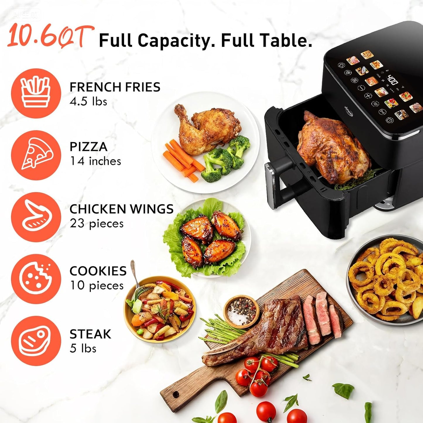 10.6 QT Oilless XL Large Air Fryer, 9 Presets & Keep Warm, Stainless Steel Inner Cavity, 400℉ Precise Temp Control, Shake Reminder, Square Non-Stick&Dishwasher Safe Basket,With Visible Window