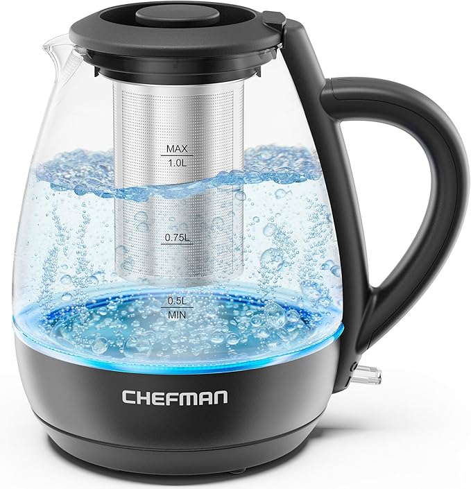 Chefman Electric Kettle with Tea Infuser, 1L 1500W, Removable Lid for Easy Cleaning, Boil-Dry Protection, Stainless Steel Filter, BPA Free, Auto Shut Off Hot Water Boiler, Small Electric Tea Kettle