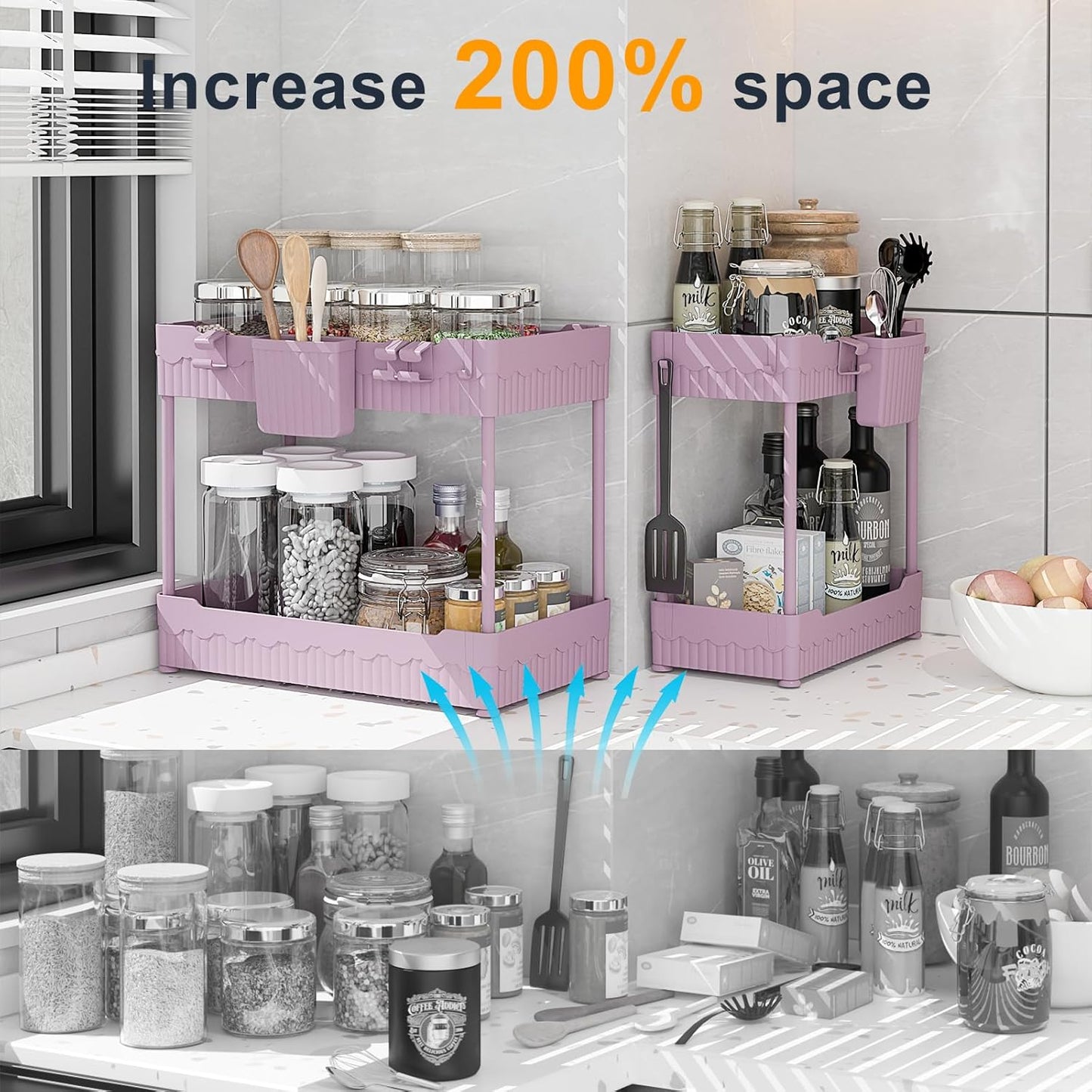 2 Pack Under Sink Organizer, Under Bathroom Cabinet Organizer with Hooks Hanging Cup, Multi-Purpose Storage Shelf for Kitchen Bathroom (Pink, XL)