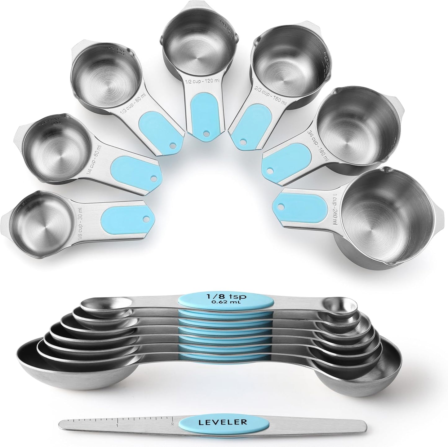 Spring Chef Magnetic Measuring Cups & Spoons Set, Patented, Strong Magnets, Heavy Duty Stainless Steel Fits in Spice Jars for Baking & Cooking, BPA Free, Round Set of 15 with Leveler, Aqua Sky