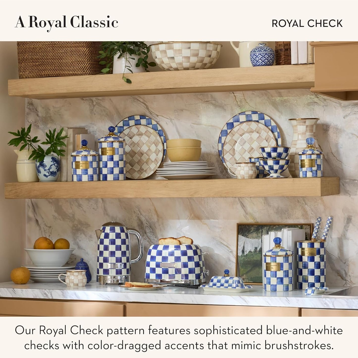 MACKENZIE-CHILDS 2-Slice Toaster, Decorative Toaster for Kitchen, Blue-and-White Royal Check