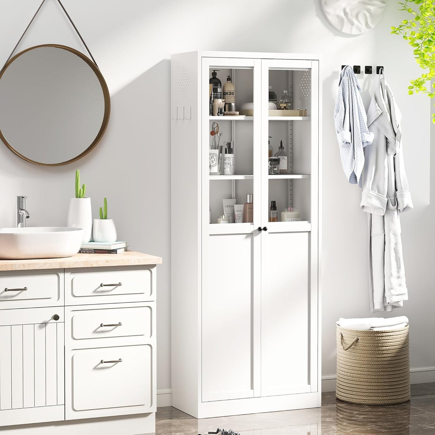 AQY Kitchen Pantry Cabinet,72" White Pantry Storage Cabinet with 5 Tire Adjustable Shelves and Glass Doors,Freestanding Cupboard,Metal Pantry Cabinets with Handle for Living Room,Assembly Required