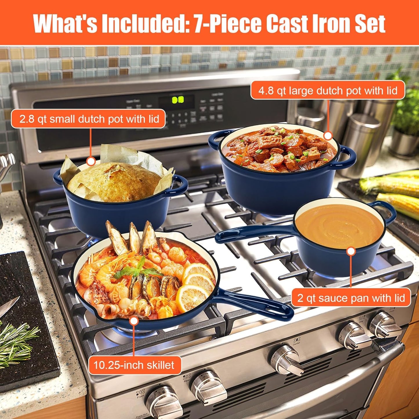 QuliMetal Nonstick Enameled Cast Iron Cookware Set, Frying Pan Skillet- 7-Pcs Pots and Pans with Lid, Healthy Round Dutch Oven Pot for Sourdough Bread Baking, Oven Safe up to 500° F or on All Stovetop