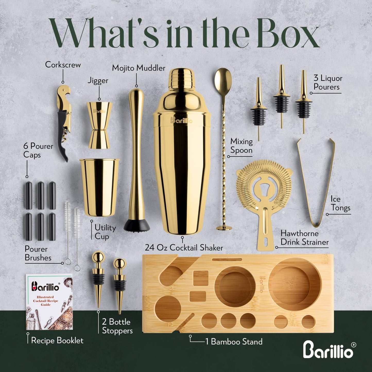 Barillio Gold Bartender Kit - Stainless-Steel Cocktail Shaker Set w/Bamboo Stand - Mixology Bar Tools w/Drink Shaker, Mixer Spoon and Muddler for Cocktails - Home Bar Accessories - 23-Pc Bar Set