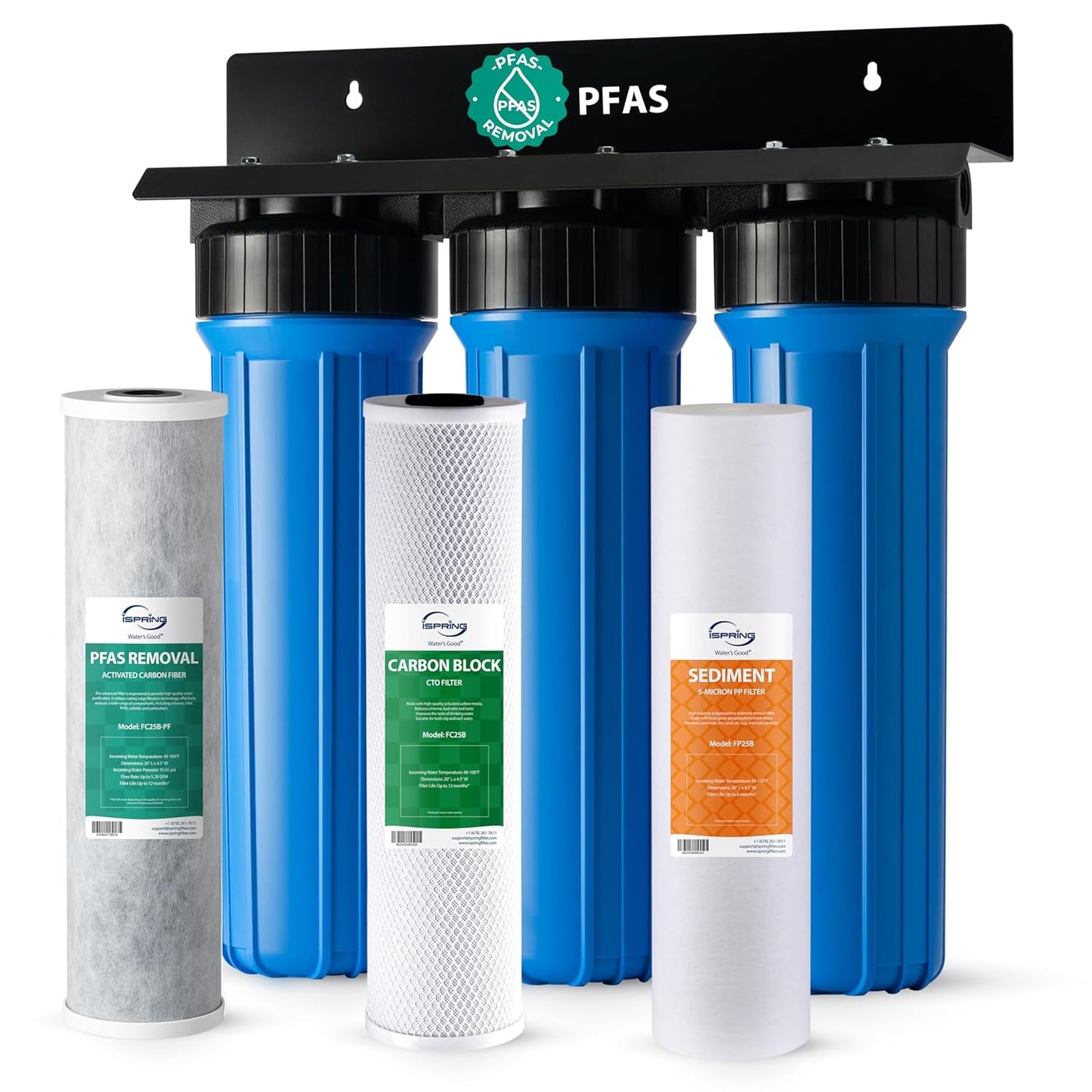 iSpring PFAS Whole House Water Filter System, SGS-Tested to Remove up to 99% PFOA & PFOS, 3-Stage Filtration Reduces Sediment, Chlorine, Taste & Odor, 20-Inch Filters, 1" Inlet/Outlet Model: WGB32B-PF