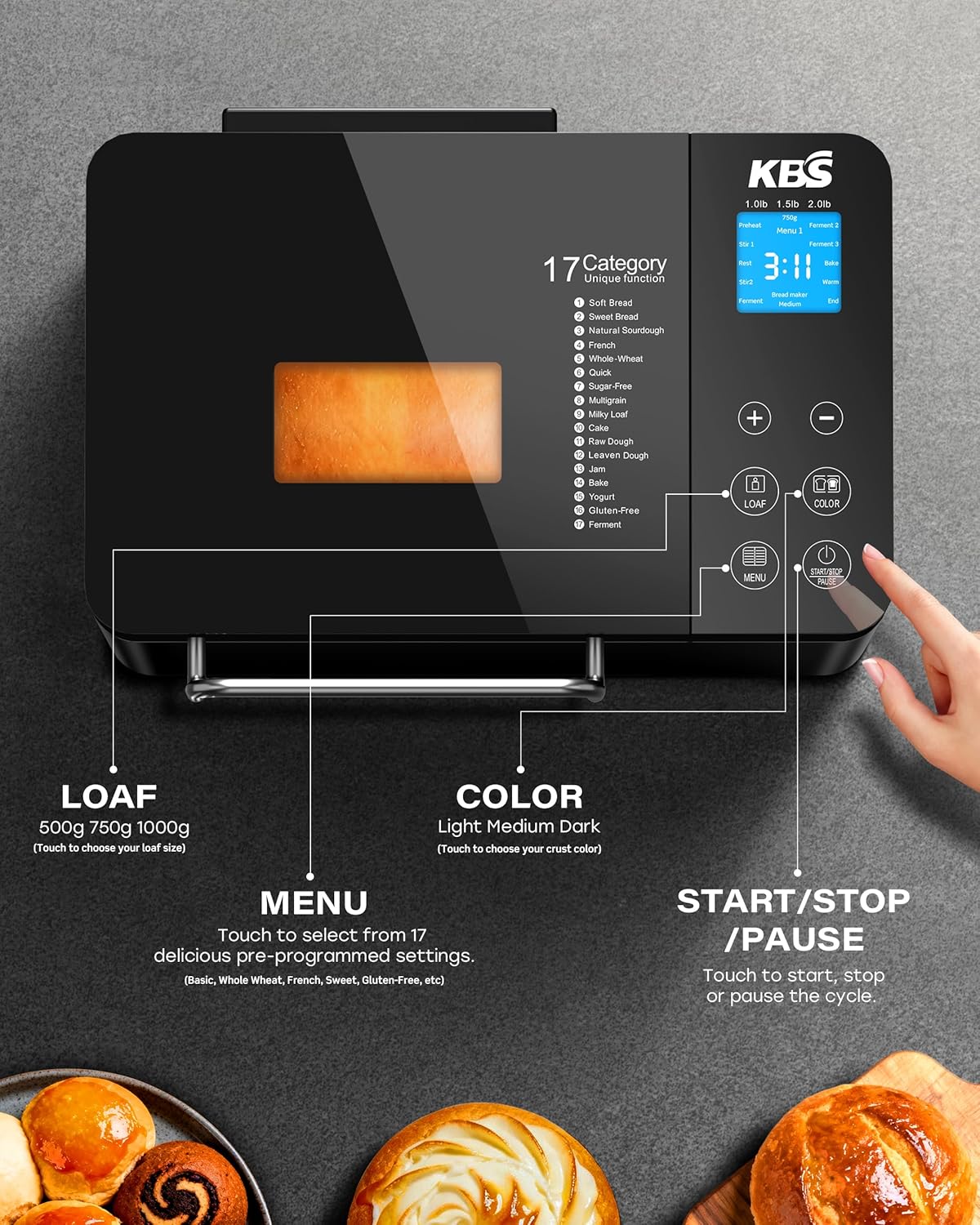 KBS Premium Convection Bread Maker Dual Heater, 17-in-1 Stainless Steel Bread Machine Ceramic Pan, Nut Dispenser,Touch Panel,2lb Loaf 3 Sizes 3 Crust Colors,Gluten-Free,Sourdough,Jam,Yogurt,53 Recipes
