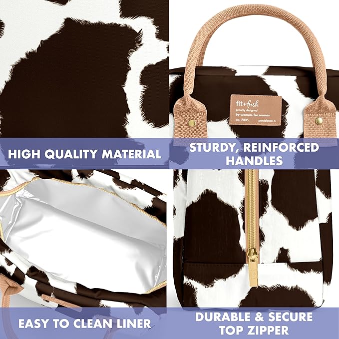 Fit & Fresh Bloomington Lunch Bag for Women - Insulated Large Lunch Box for Work with Containers, Leak-Resistant, Stain-Resistant, Zipper Closure, Cowhide