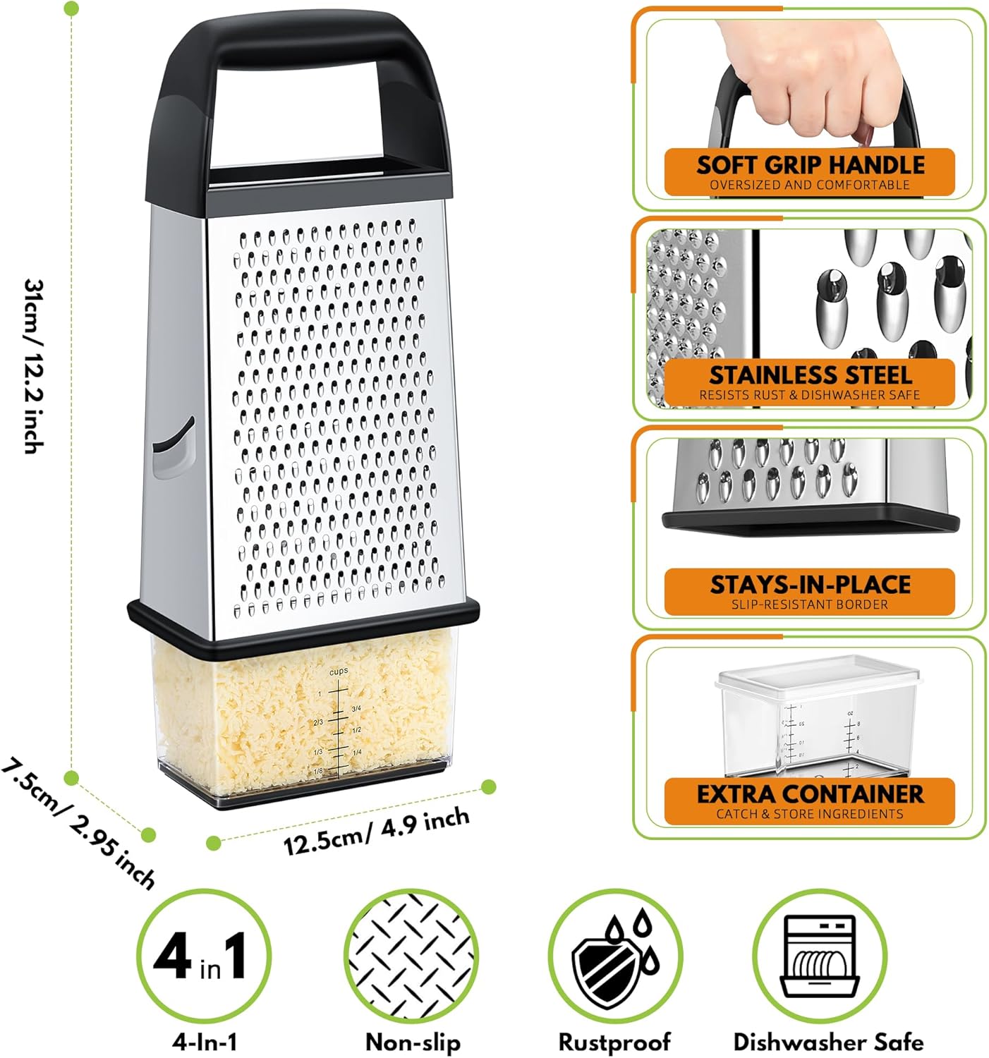 Urbanstrive Cheese Grater With Container Box Grater Stainless Steel Graters for Kitchen Cheese Shredder Parmesan Shredder Kitchen Gadgets Kitchen Tools Kitchen Gifts for Chef Dishwasher Safe Zester