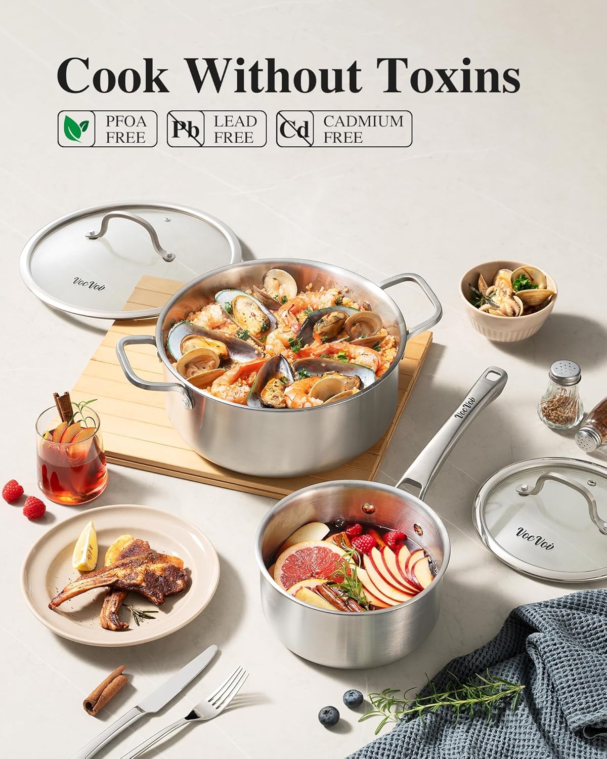 Stainless Steel Cookware Set,Tir-Ply Pots and Pans Set,10 Pcs Stainless Steel Induction Kitchen Cookware Sets,PFOA Free, Frying Pans,Saucepans,Saute Pan & Stock Tagine Pot,Compatible with All Cooktops