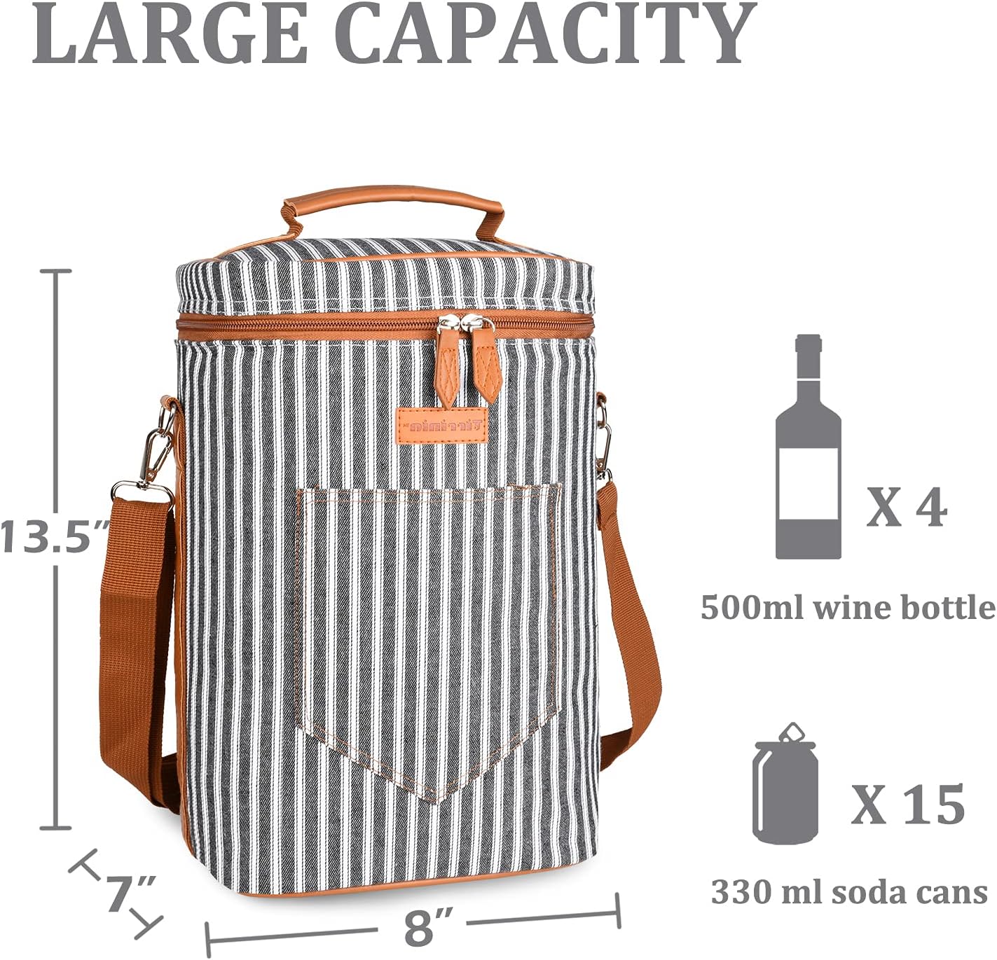Tirrinia 4 Bottle Wine Gift carrier - Insulated & Padded Portable Versatile Wine Carrying Cooler Tote Bag for Travel, BYOB Restaurant, Wine Tasting, Party, Great Gift for Wine Lover, Black Stripe