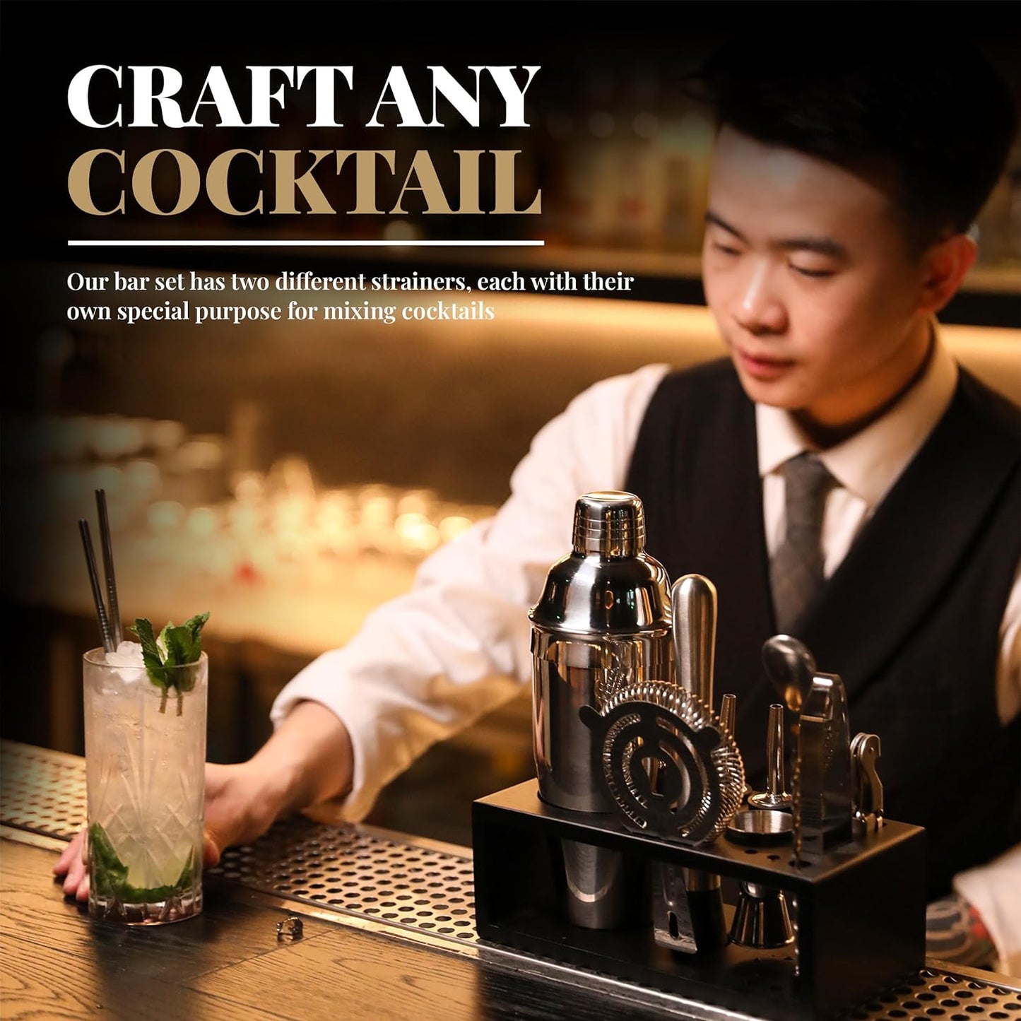 Mixology Bartender Kit with Stand - 15 Piece Bar Tool Set, Silver Bar Set Cocktail Shaker Set for Drink Mixing - Includes Martini Shaker, Jigger, Strainer, Bar Mixer Spoon, Tongs, Opener | Gift Idea