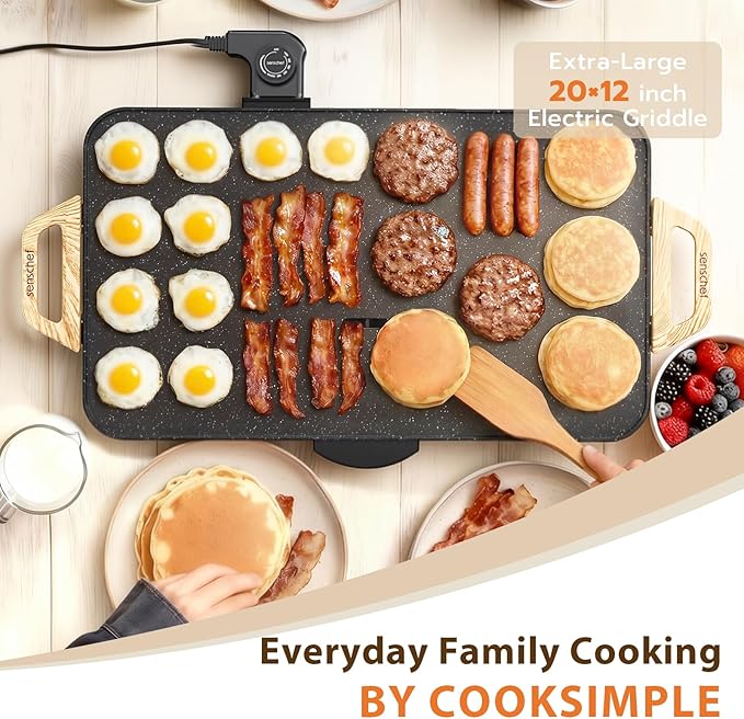 CookSimple Everyday 20"x12" Electric Griddle–1700W Nonstick ILAG Granite Surface, Large Flat Design, Perfect for Family Meals, Pancakes&Eggs, Fast Even Heating, Easy to Clean, Granite Black