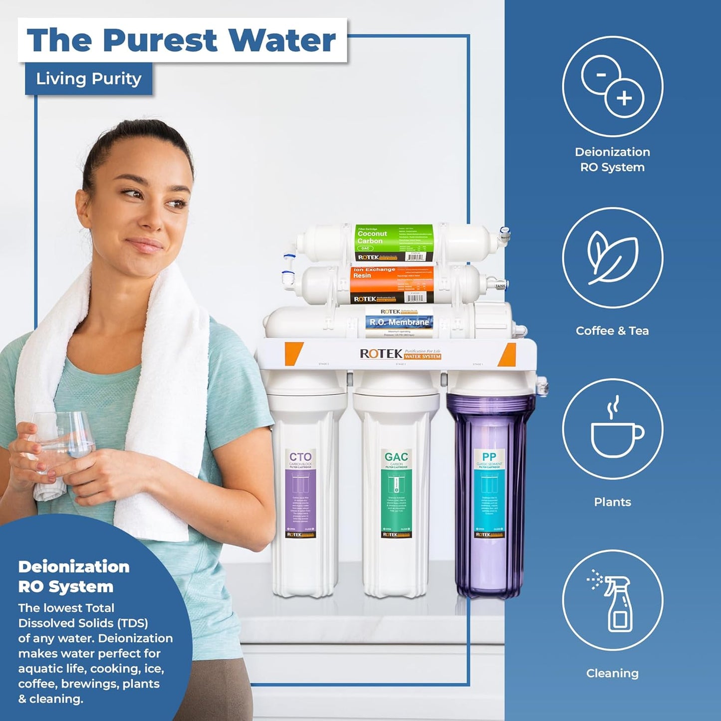 Rotek Water Systems Reverse Osmosis Water Filtration System, Under Sink 6-Stage ION RO Water Filter System, No Pump, Contains Leak Stop Valve, 100 GPD, Deioniization
