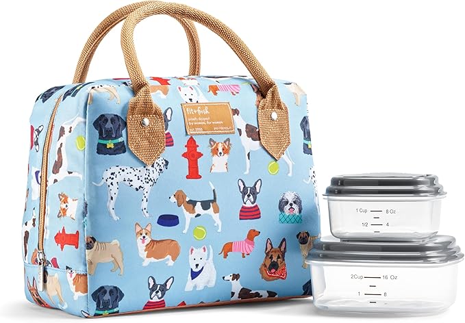 Fit & Fresh Insulated Lunch Bag for Women - Large Leakproof & Stain-Resistant Box With Containers, Zipper Closure - Bloomington, Dogs Theme