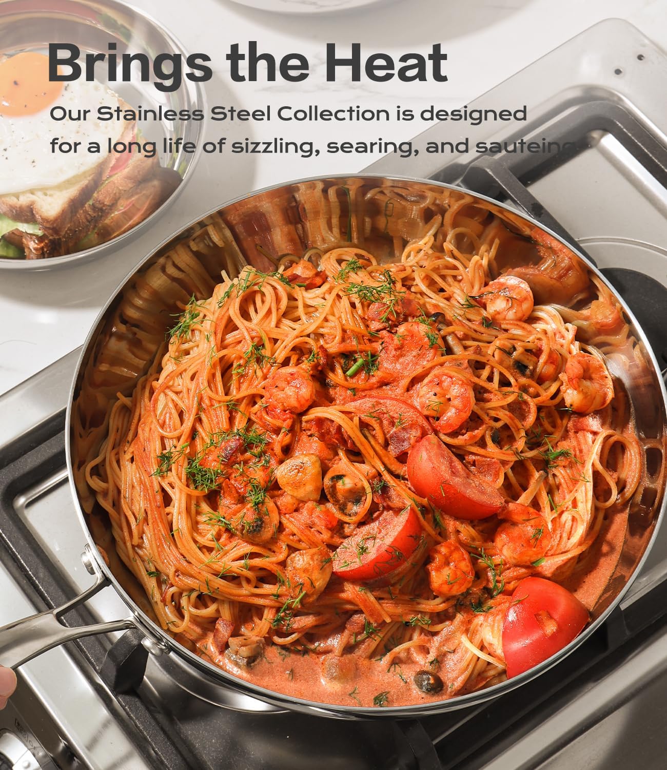 12 Inch Stainless Steel Frying Pan with Lid, 3-Ply Stainless Clad Skillets Fry Pan Fast & Even Heating, Oven Safe Up to 600℉ Dishwash Safe Compatible for All Cooktops Kitchen Cookware