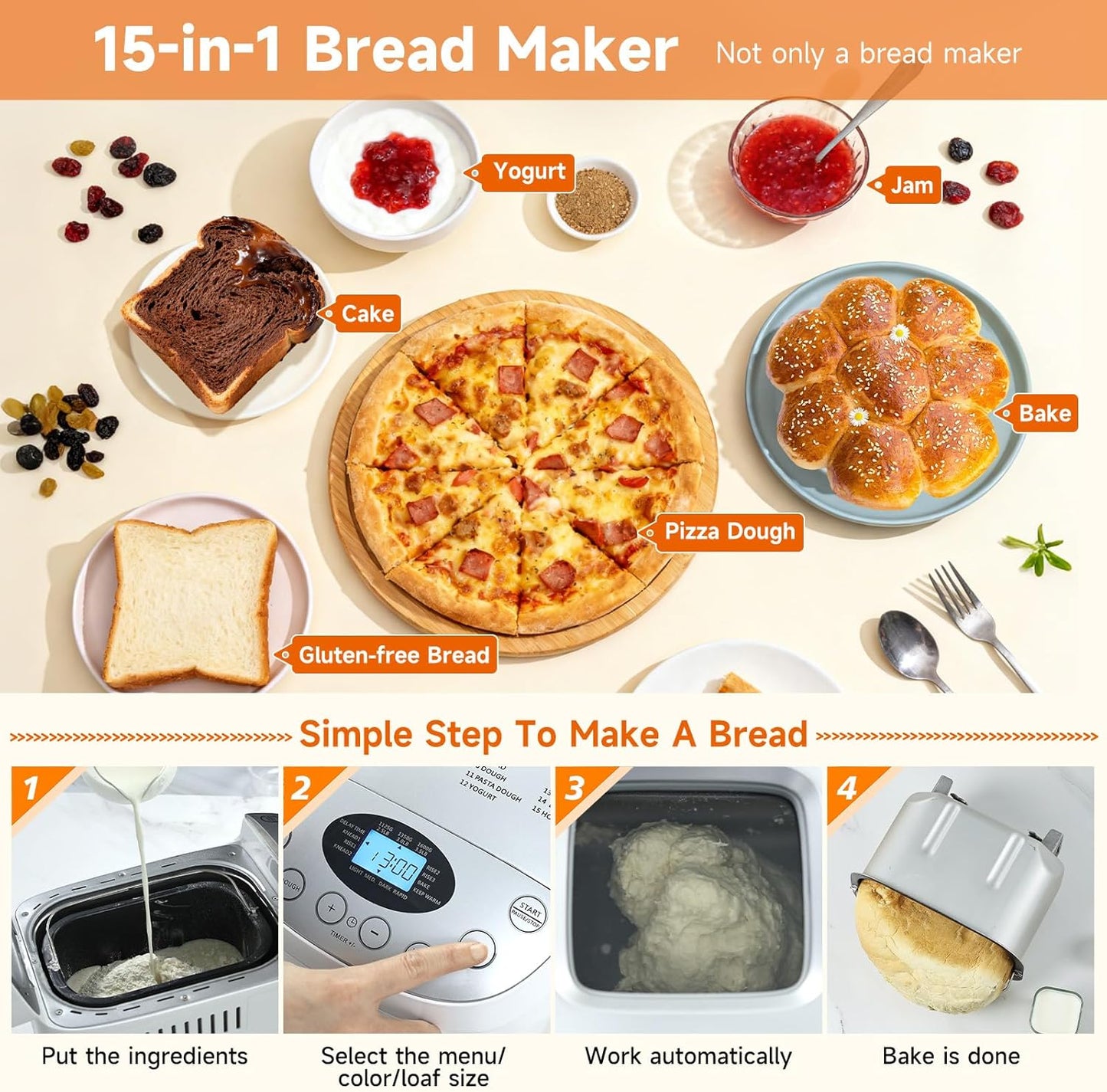 Davivy 15-in-1 Bread Maker - 3.5 Pound Capacity, 15-Hour Timer, Non-Stick Plate, with Spare Parts, 3 Shell Colors and 3 Bread Sizes, 850 Watt (Fits 5-7 People)) (3.5LB)